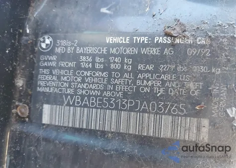 1993 BMW 318 Is z USA, uszkodzony, nr VIN WBABE5313PJA03765